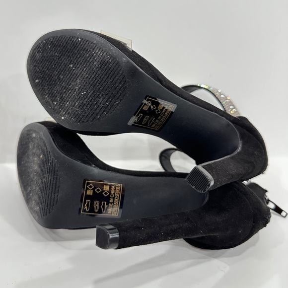 Qupid Black Suede Rhinestone High Heel Sandals - Picture 8 of 11